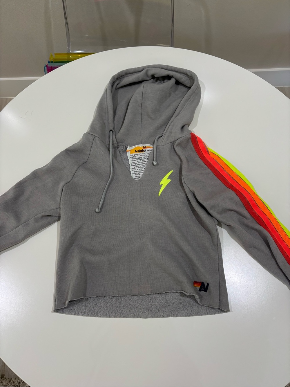 Aviator Nation Cropped Grey Hoodie with Neon Stripe Sleeve